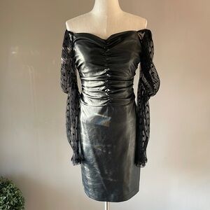 KANDELL KYLIE faux leather sheath dress on off shoulder mesh polka dot sleeve XS